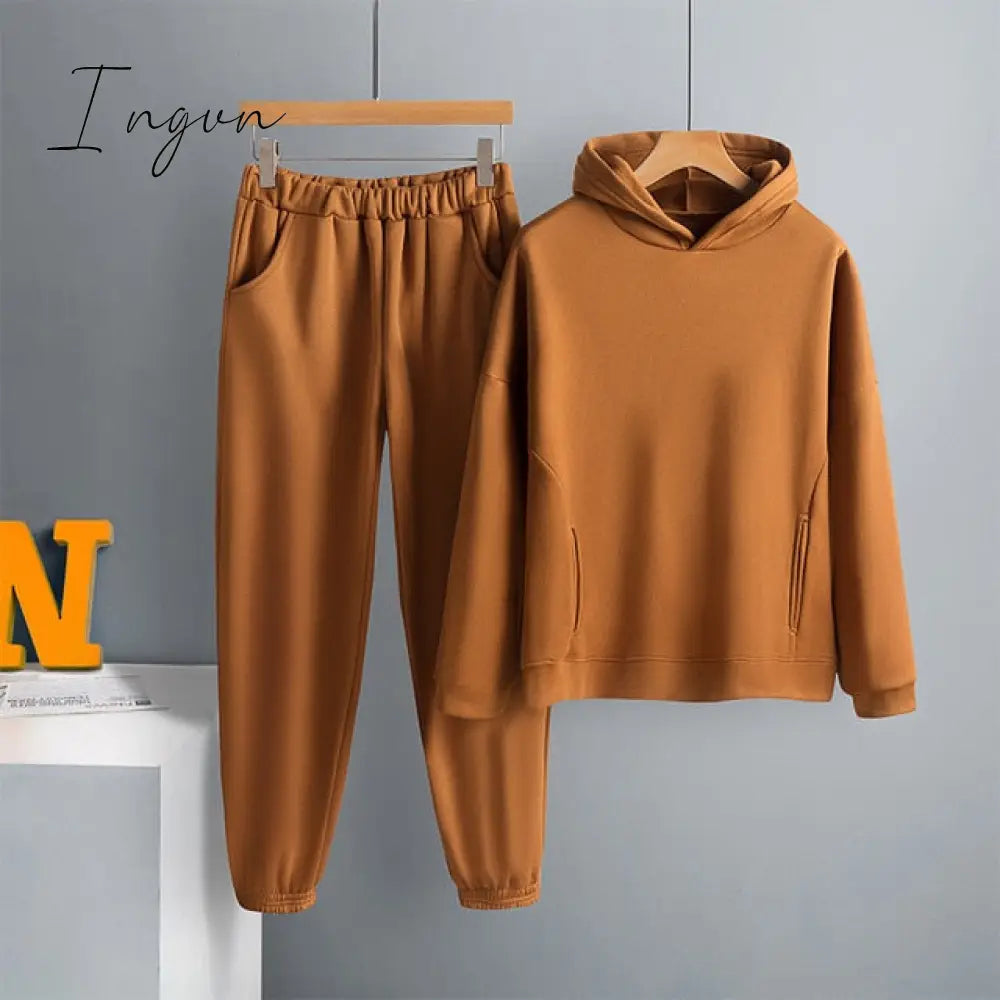 Ingvn - Two Piece Set Casual Fleece Tracksuit Women Winter Women's Sets Oversized Hooded Long Sleeve Hoodie Sport Pants Lady Suit