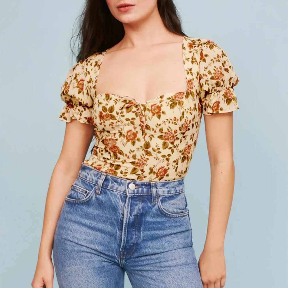 Summer Tops For Women Sweetheart Neck Tie Bow Fruit Print Blouses Back Smocked Short Puff Sleeve Elegant Chiffon Blouse