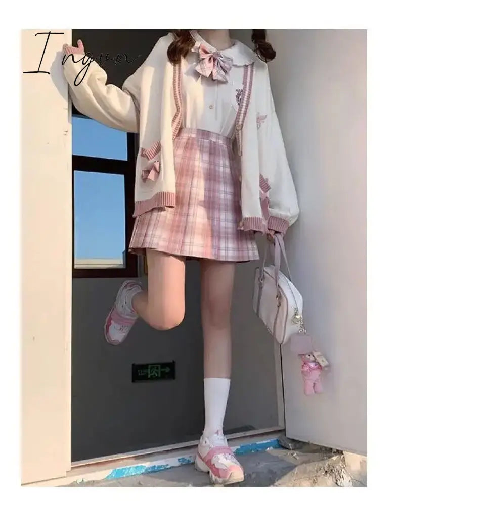 Ingvn - Spring Japanese Kawaii Fashion Pink Cardigan Women Harajuku Knitted Sweater Cute Bow Heart Korean College Style JK Uniform Coat