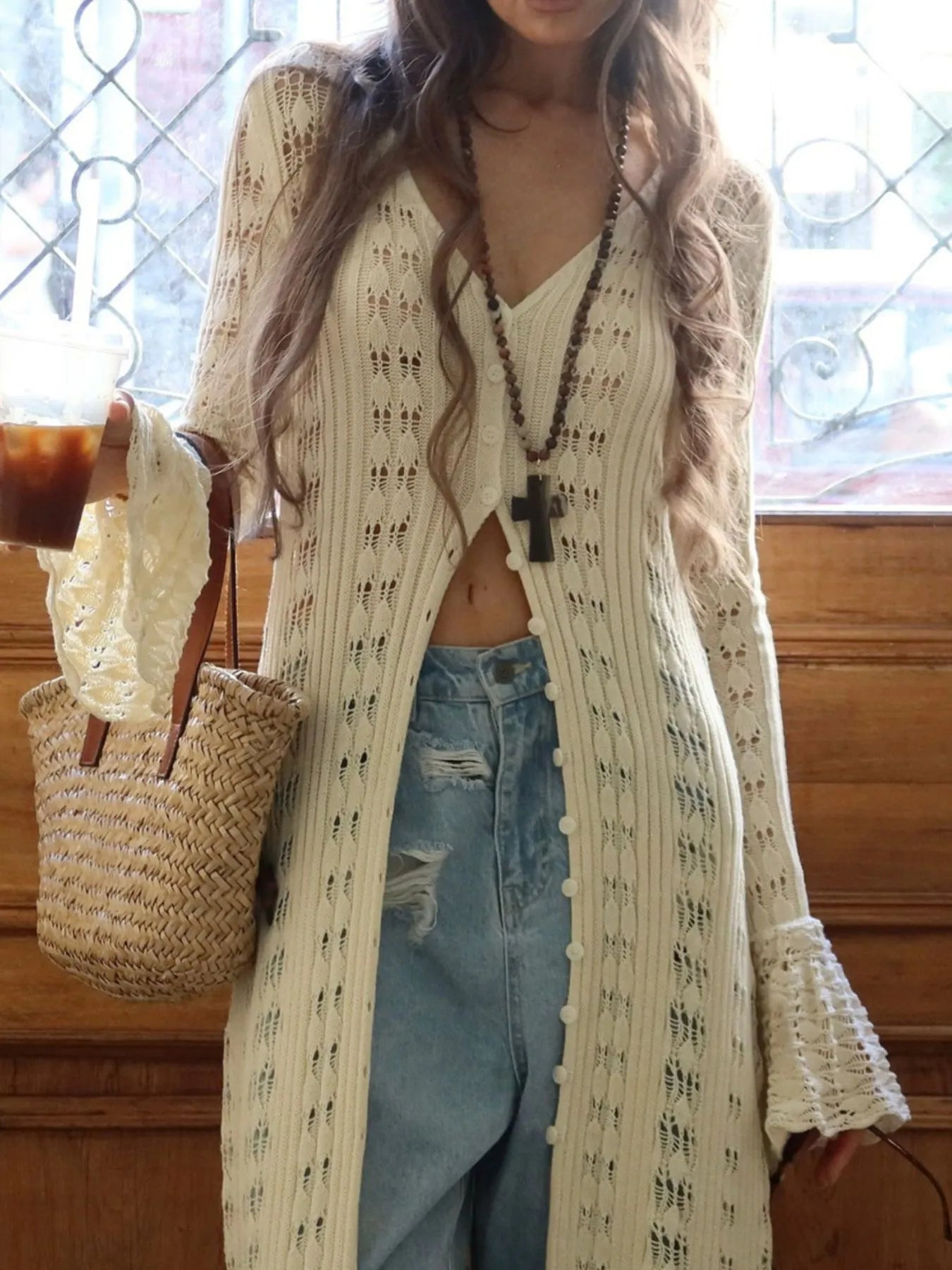 Ruffled Hem Openwork Longline Cardigan
