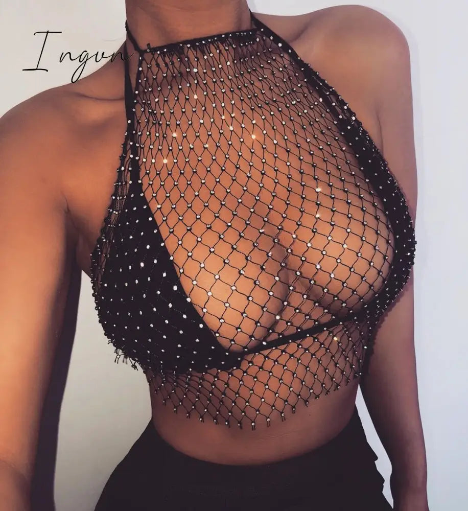 Ingvn - Sexy Crystal Diamonds Mesh Hollow Out Dresses Women Summer Crochet Hollow Out Rhinestone Sleeveless See-through Mini Dress