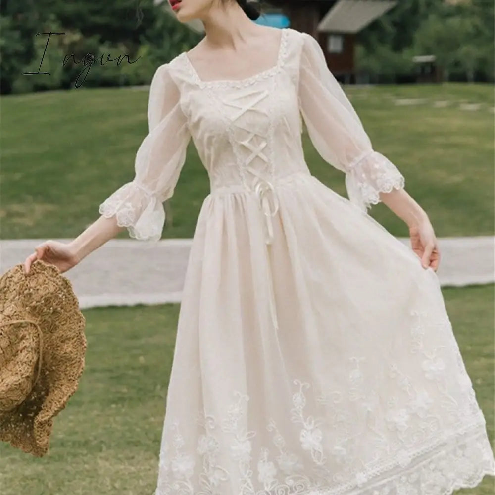 Ingvn - Vintage Retro Dress Women French Style Elegant Designer Fairy Dress Casual Slim Chiffon Party Dress  Autumn Women's Clothing