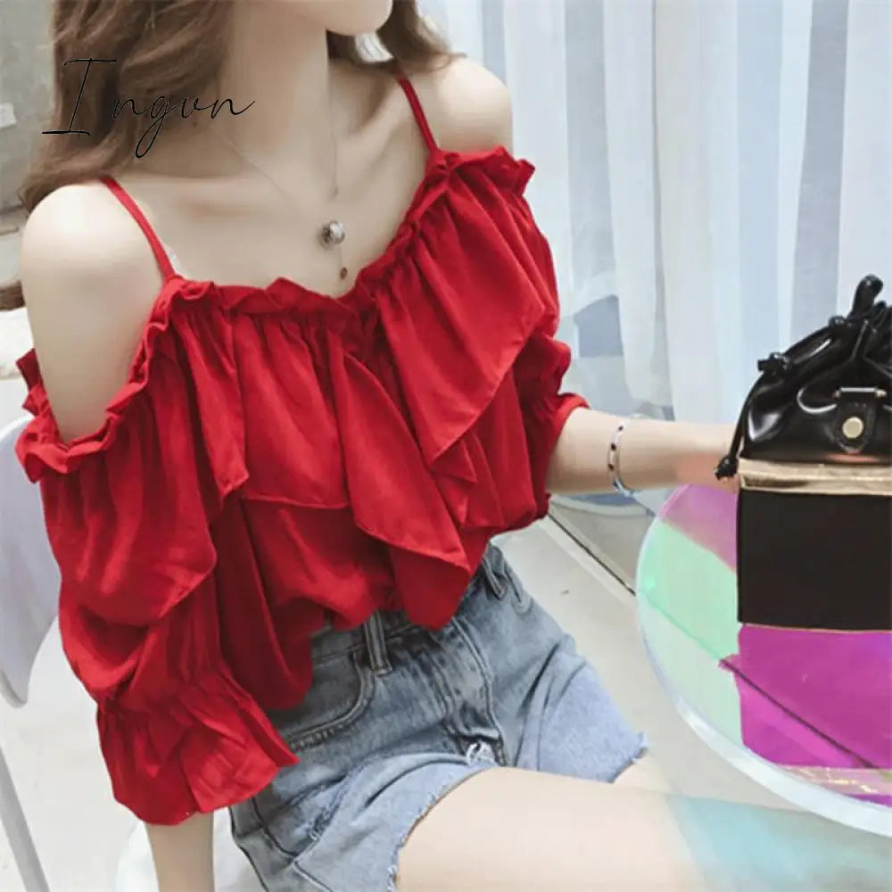 Ingvn - Ruffle Youth Elegant Blouses Tops Women Fashion Low Cut Blouse Summer Chiffon Shirt Pretty Bebeautiful Clothes