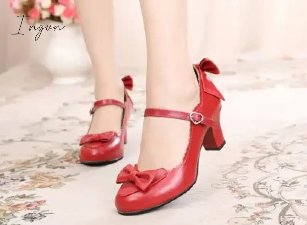 Ingvn - Japanese Lolita round head student cute heart bow jk high heel shoes Bowknot Princess Kawaii Girl Women Shoes cos Vintage Sweet