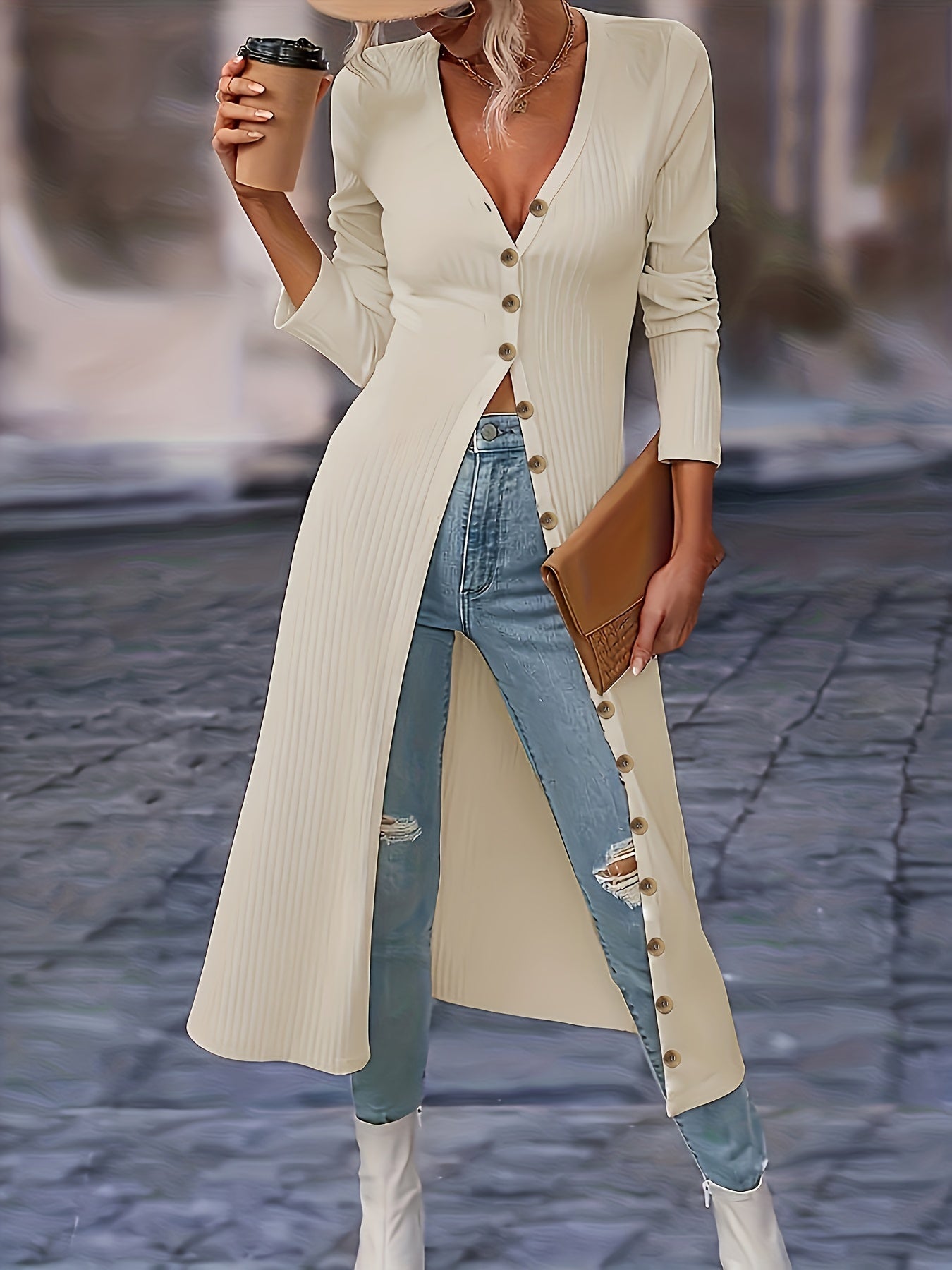 Womens Chic Solid Knit Cardigan - Soft Button Down, Long Sleeve, Slim Fit, Long Length - Perfect for Layering, Elegant Casual Wear
