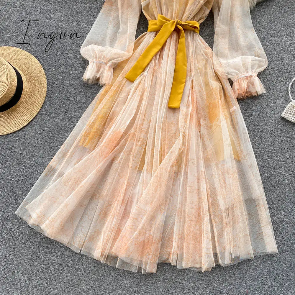 Ingvn - Elegant Women Mesh Dress Vintage Lantern Sleeves Printed Party Dresses Spring Summer Patchwork A Line Bandage Beach Dress