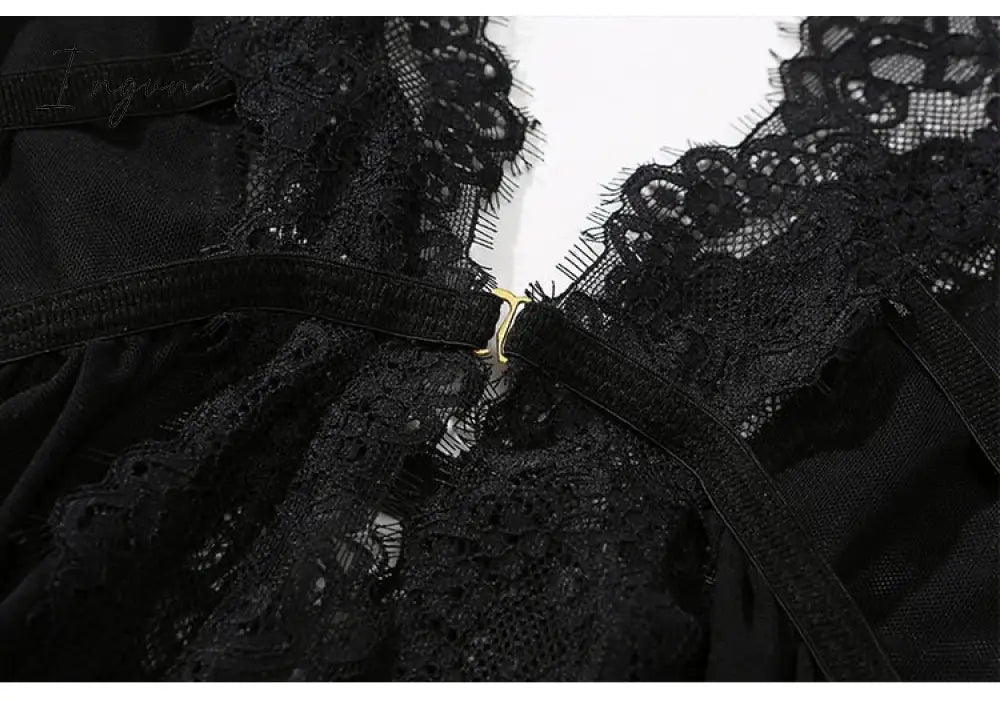 Ingvn - New Summer Womens Sleepwear V-Neck Sexy Nightdress Casual Nightgown Comfortable Lace Pajama Solid Color Bifurcation Nightwear