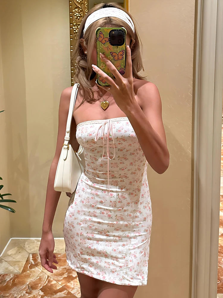 Floral Print Strapless Backless Lace Up Sexy Bodycon Mini Prom Dress Summer Women Fashion Outfit Beach Party Vacation