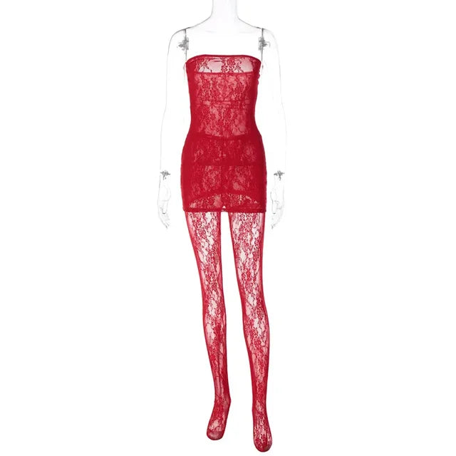 Lace Tights Women's Outfits Sexy Strapless Wrap Dress 2 Piece Sets Party Nightwear Leggings See-Through Sheer Lingerie