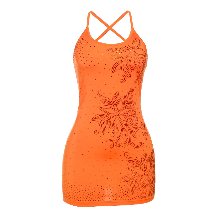 Sexy Flower Rhinestones Dress Women Low-Neck Cross Bandage Backless Fashion Vacation Thin Beach Party Style Mini Bodycon