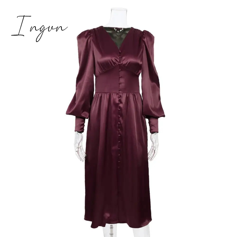 Ingvn - Puff Sleeve Vintage Satin Midi Dress Women V-Neck Party Pleated Dress Black Elegant Bodycon Dress Ladies Chic Ruched