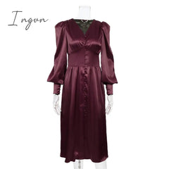 Ingvn - Puff Sleeve Vintage Satin Midi Dress Women V-Neck Party Pleated Dress Black Elegant Bodycon Dress Ladies Chic Ruched