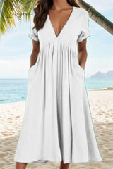 Ingvn - Casual Solid Pocket Fold V Neck A Line Dresses