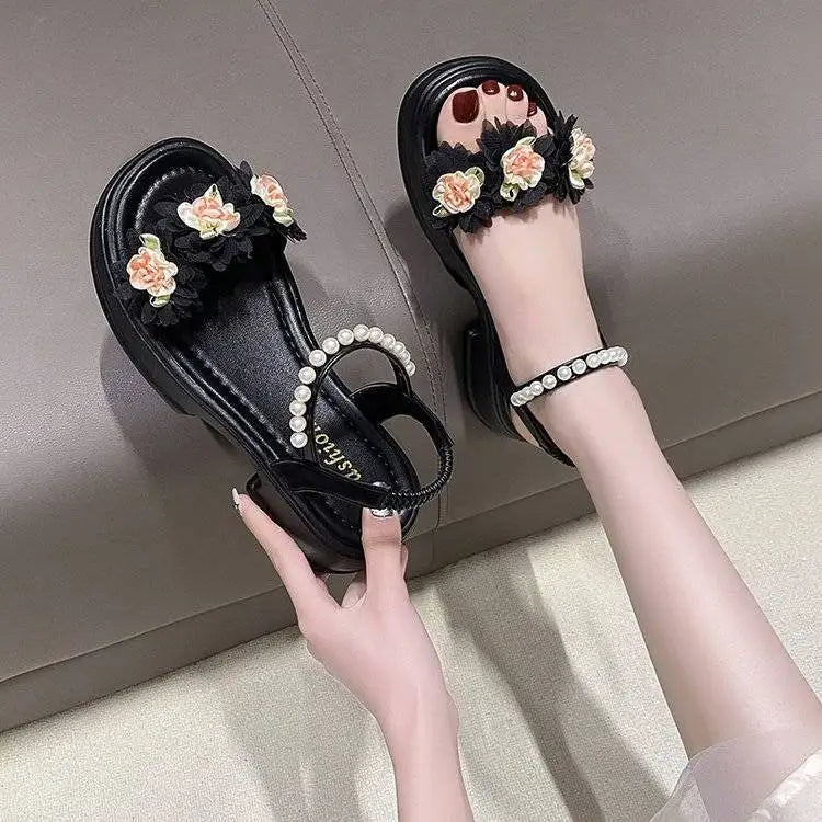 Ingvn  Summer Sandals for Woman Diamond Women's Shoes Beach Footwear with Medium Heels Beige Platform Rhinestones F Korea