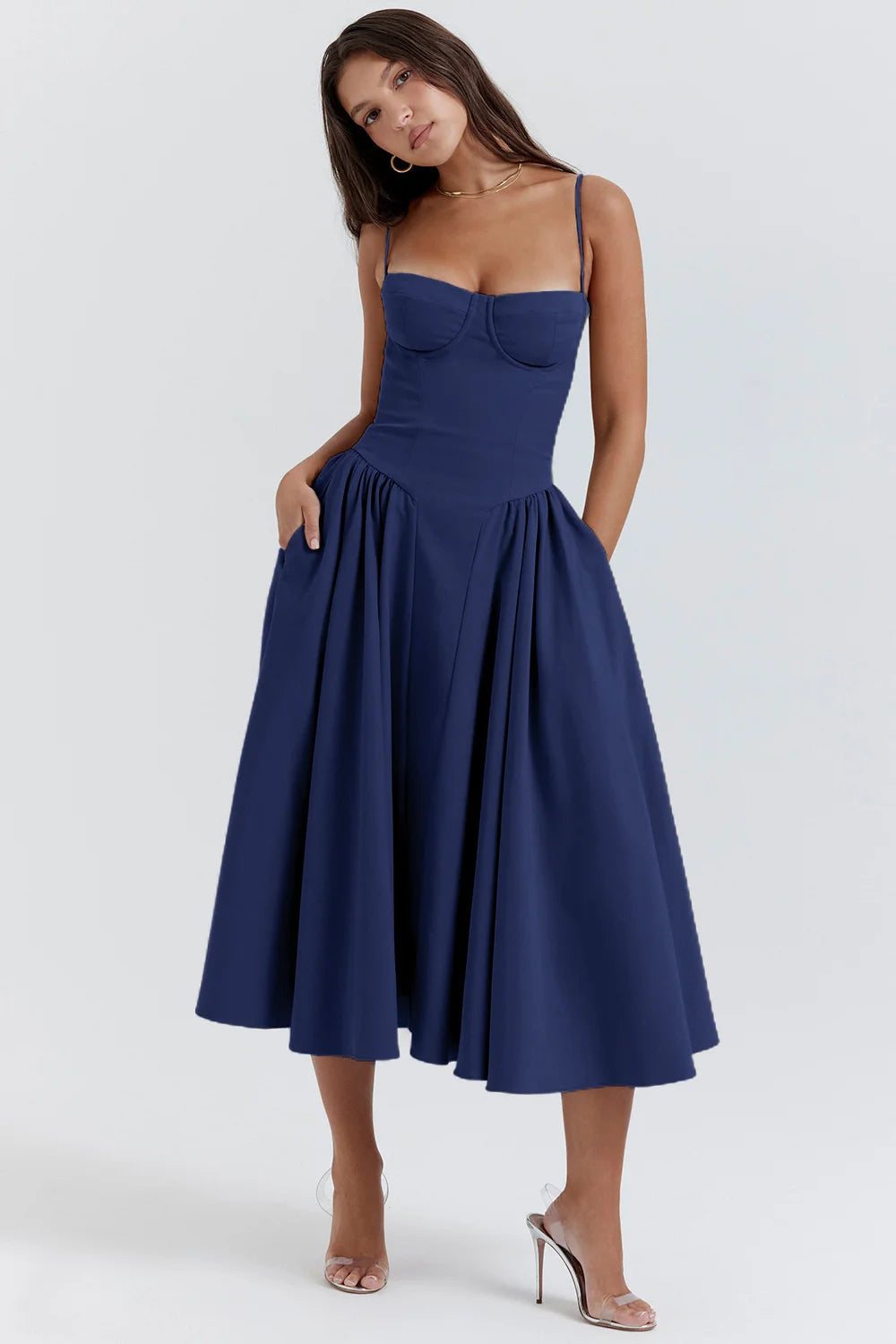 Elegant Women Dress Spaghetti Strap A-line Loose Midi Dresses Female Sleeveless Backless French Retro Long Dress
