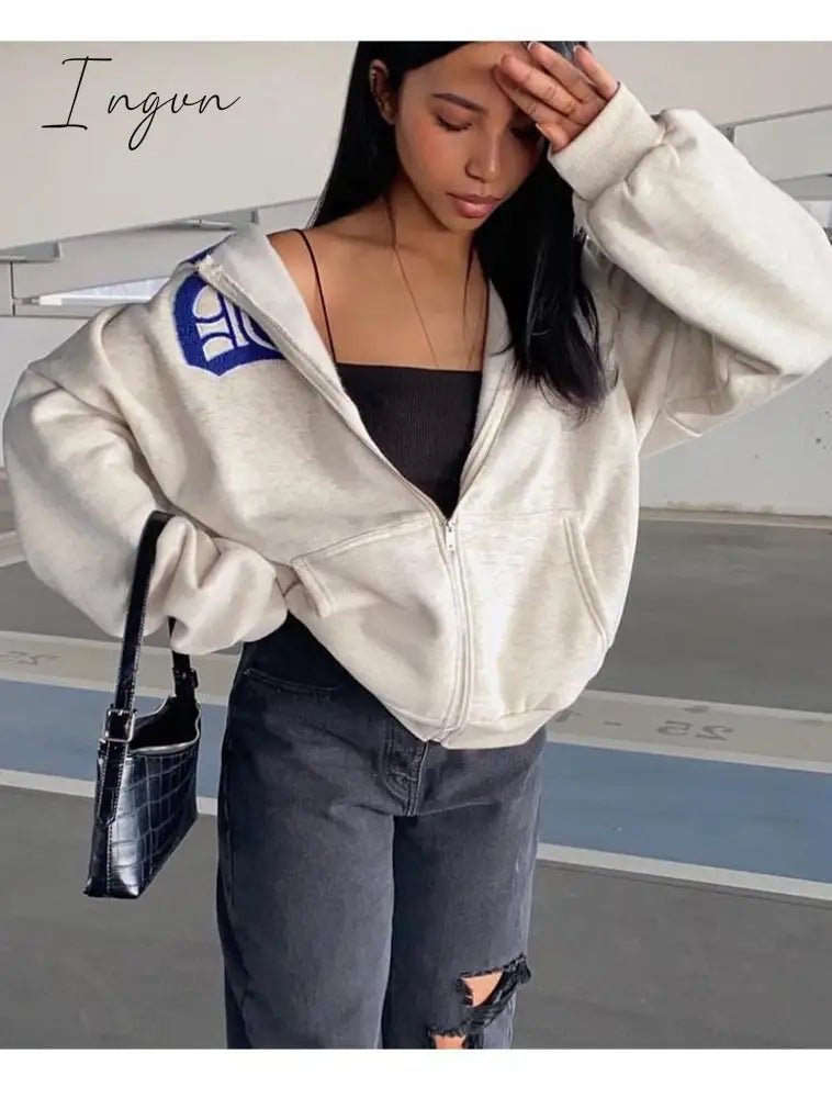 Ingvn - Spring Y2K Streetwear Women's Letter Embroidery Printing Punk Oversized Hoodie Women Hip Hop Couple Gray Zipper Sweatshirt Women
