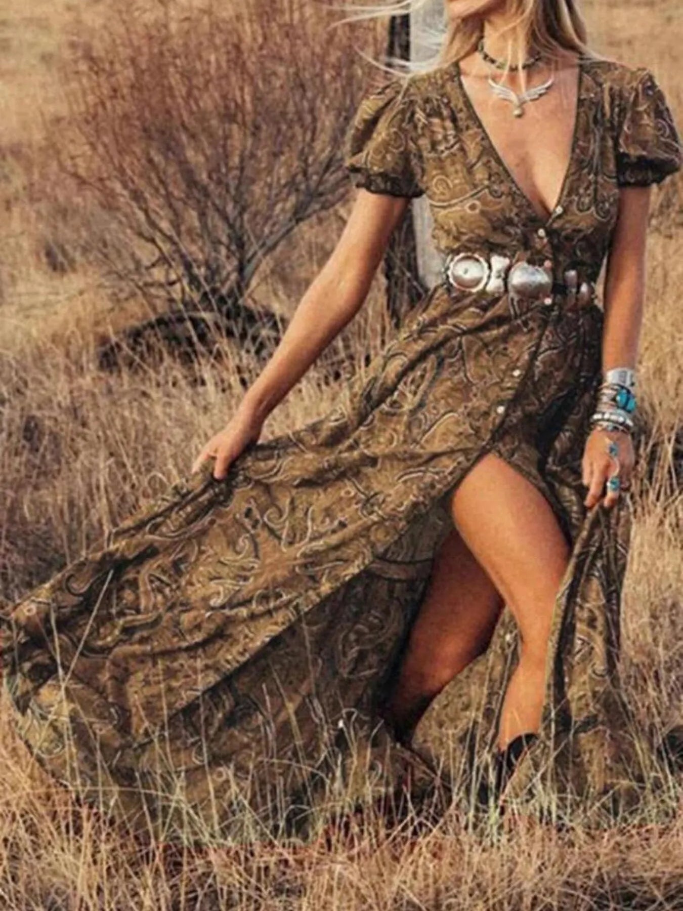 Full Size Printed Puff Sleeve Maxi Dress Plus Size