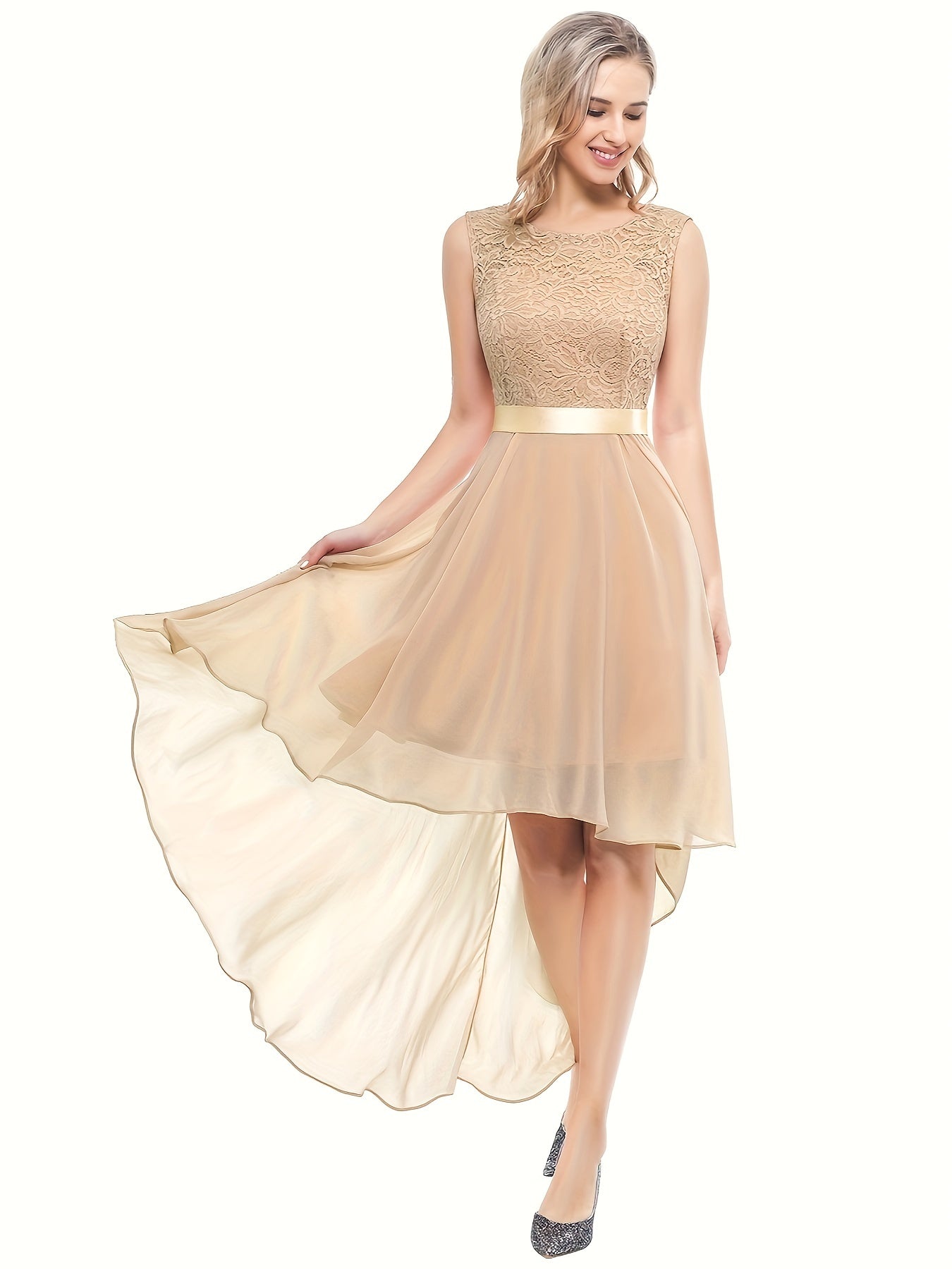 Contrast Lace Asymmetric Hem Wedding Dress, Elegant Solid Bow Waist Tank Dress For Party & Banquet, Homecoming Dress, Women's Clothing