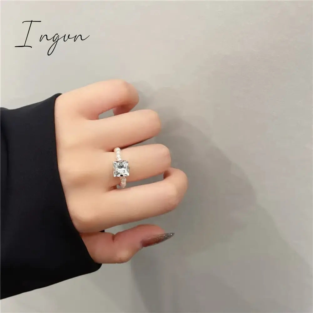 Kpop Romantic Coloful Crystal Pearl Elastic Rope Beaded Ring Smooth Irregular Geometric Square Oval Rings for Women Jewelry