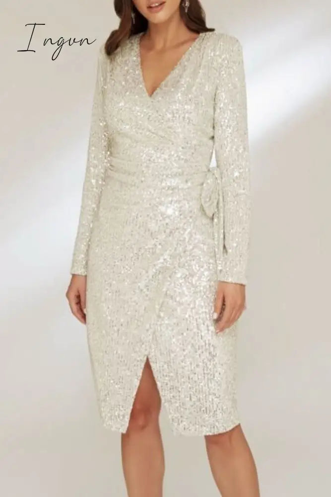 Ingvn - Sexy Solid Bandage Sequins V Neck Wrapped Skirt Dresses
