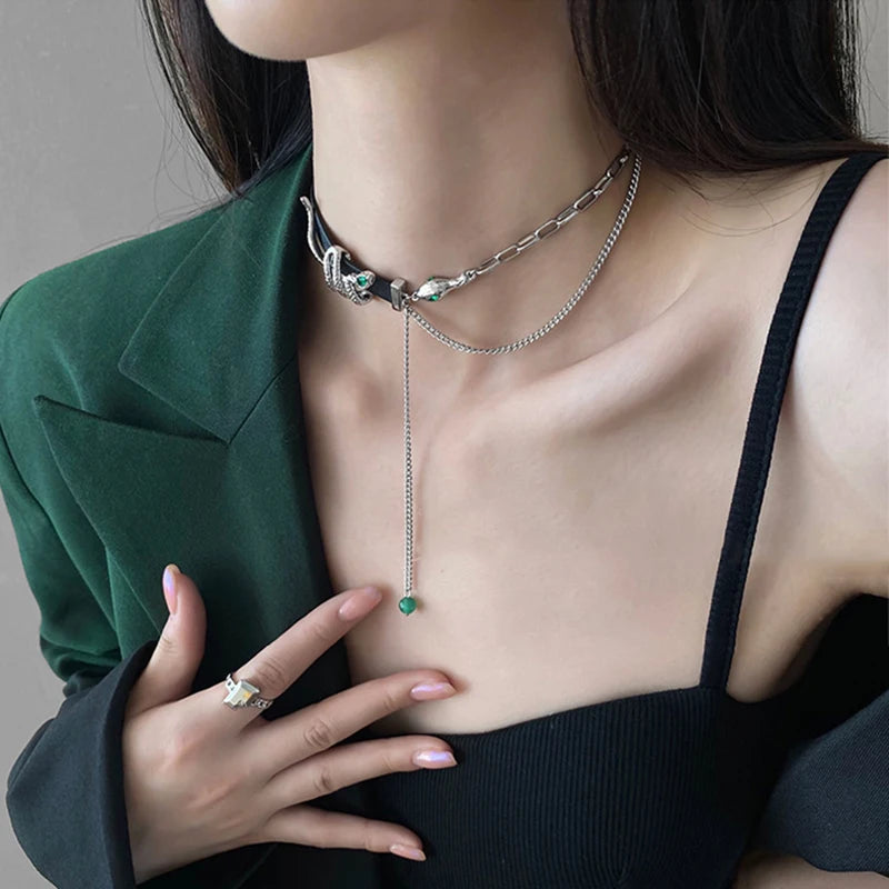 INGVN  Punk Snake Shape Necklace Original Design Tassels Cool Style Thick Plated Silver Color Chain Black Chokers For Women Jewelry