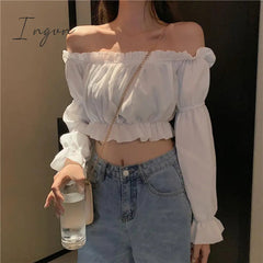 Ingvn - Women Top Sexy Blouse Off Shoulder Top Long Sleeve Club Party White Shirt Puff Sleeve Ruffle Crop Top Summer Tube Top