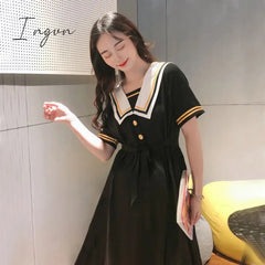Ingvn - Harajuku Sailor Collar Navy Dress Japanese Lolita Sweet Bow-knot Girl Retro Cotton Kawaii Preppy Style Short Sleeve Dress Women