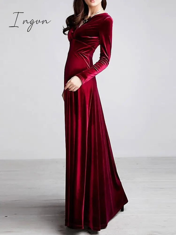 Ingvn - Women‘s Party Dress Wedding Guest Dress Velvet Dress Long Dress Maxi Dress Black Wine Royal Blue Long Sleeve Pure Color Ruched Fall Spring V Neck Fashion Party Winter Dress Evening Party 2023 S M L XL