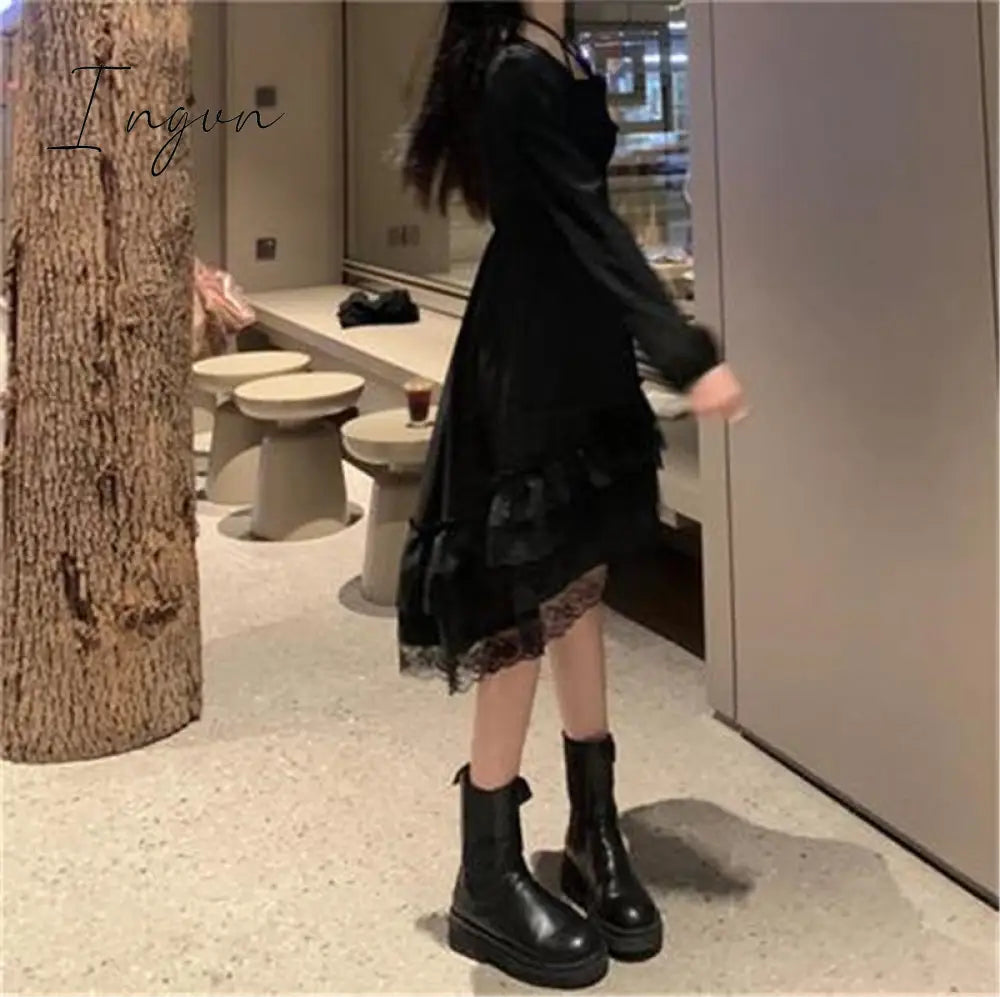 Ingvn - New Gothic Women Black Fairy Party Dress Cross Square Collar Lolita Princess Irregular Dress Cute Kawaii Lace Ruffles Chic Dress