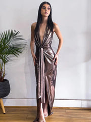 Ingvn  Woman Sexy Halter High Waist Backless Long Dress  Ladies Elegant Hollow Out Folds Bandage High Slit Party Evening Dresses