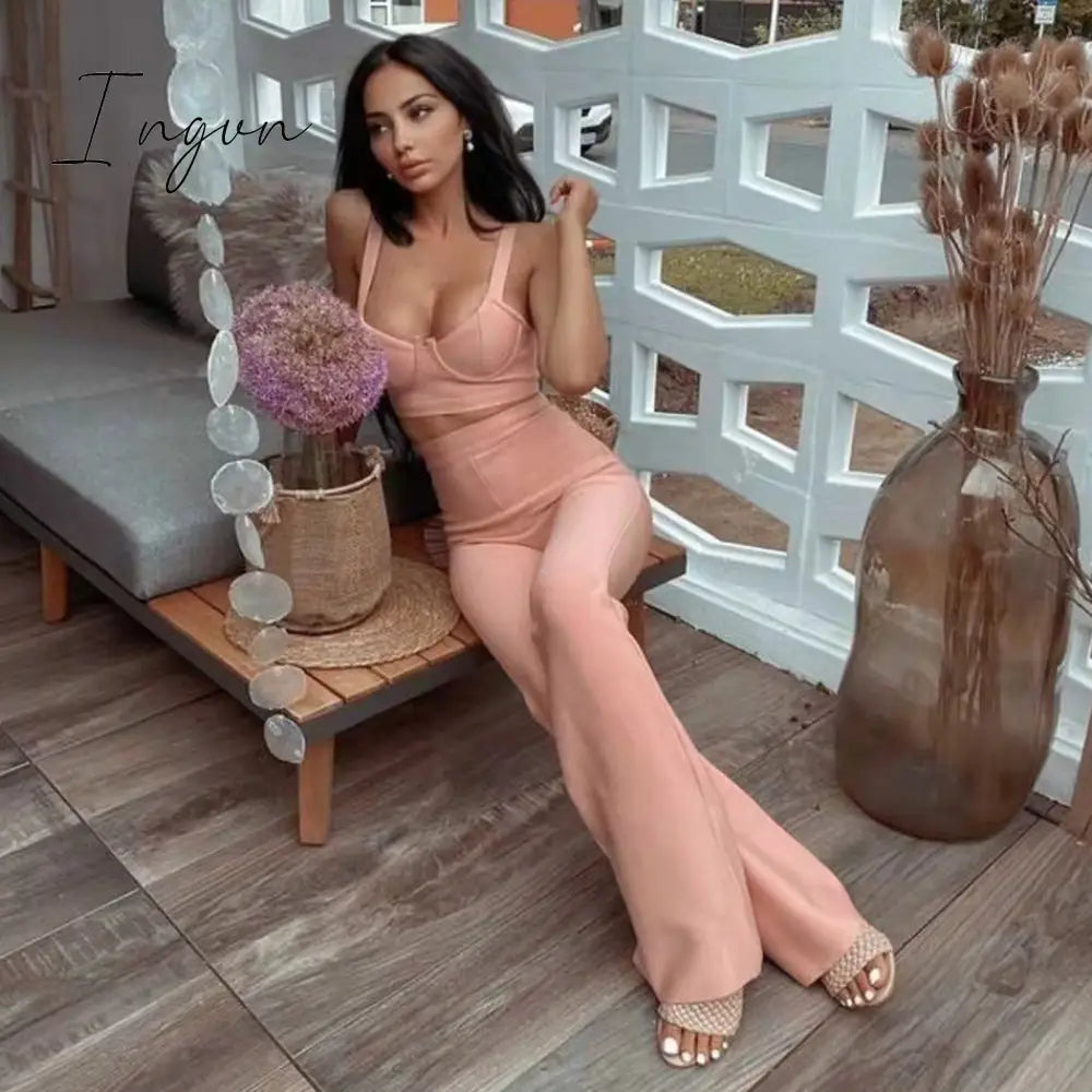 Ingvn - Summer New Women's Fashion Sexy Bandage 2 Two-piece Set Sleeveless Tight Short Top &  High Waist Flared Trousers Pants Set