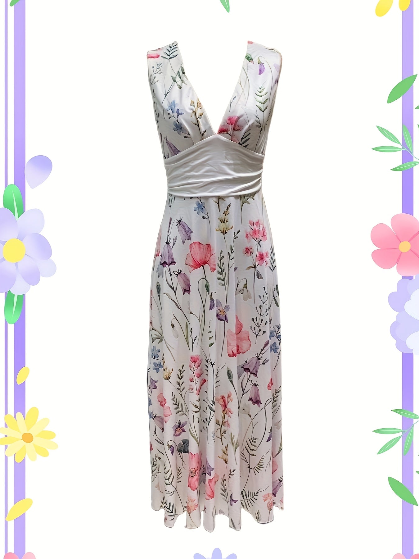 Floral Print Sleeveless Dress, Boho V Neck Simple Maxi Dress, Women's Clothing
