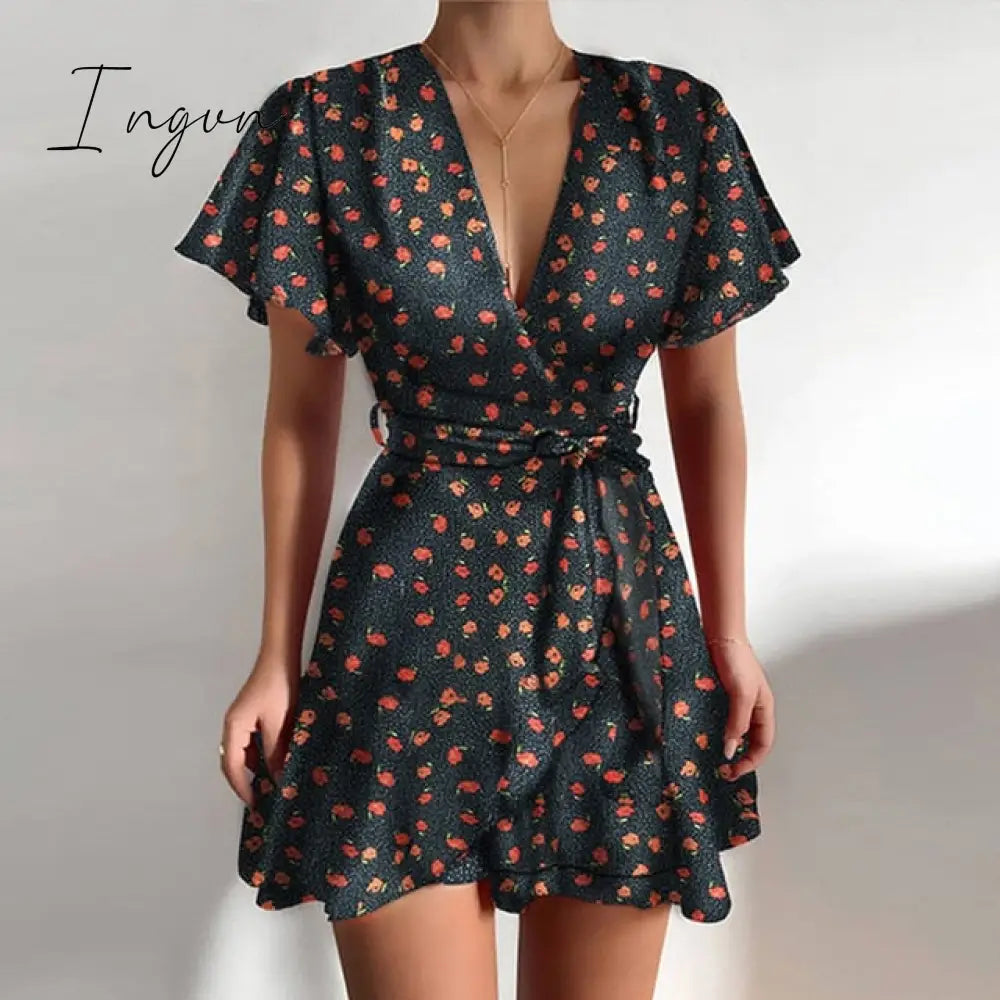 Ingvn - Summer Women Dress Butterfly Sleeve Polka Dot Floral Print V Neck High Waist Sashes Dress Vintage Female Mini Red Vestidos