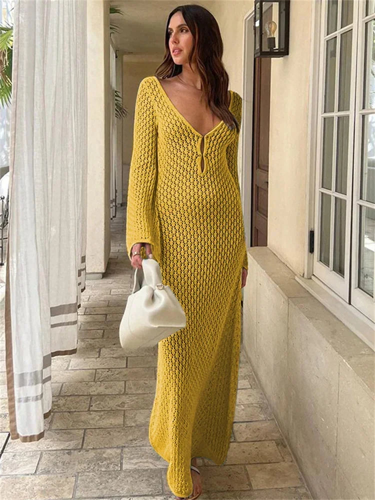 White Knit Fashion Cover up Maxi Dress Female See-Through V-Neck Hollow Out Beach Holiday Dress Knitwear Backless Dress