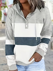 Long Sleeve Striped Drop Shoulder Hoodie - Soft Micro Elastic Polyester Fabric, Button Details, Machine Washable, Casual Style for Fall/Winter - Womens Clothing