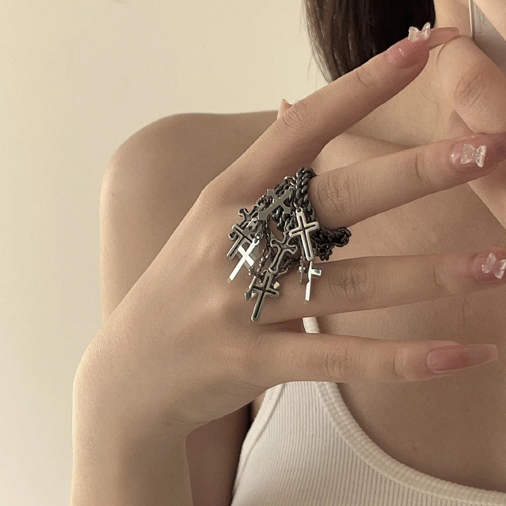 INGVN  Hip Hop Multi-Layer Ring Black Chain Cross Fringe Pendant Ring Unisex Men Women Fashion Trend Punk Jewelry Accessories