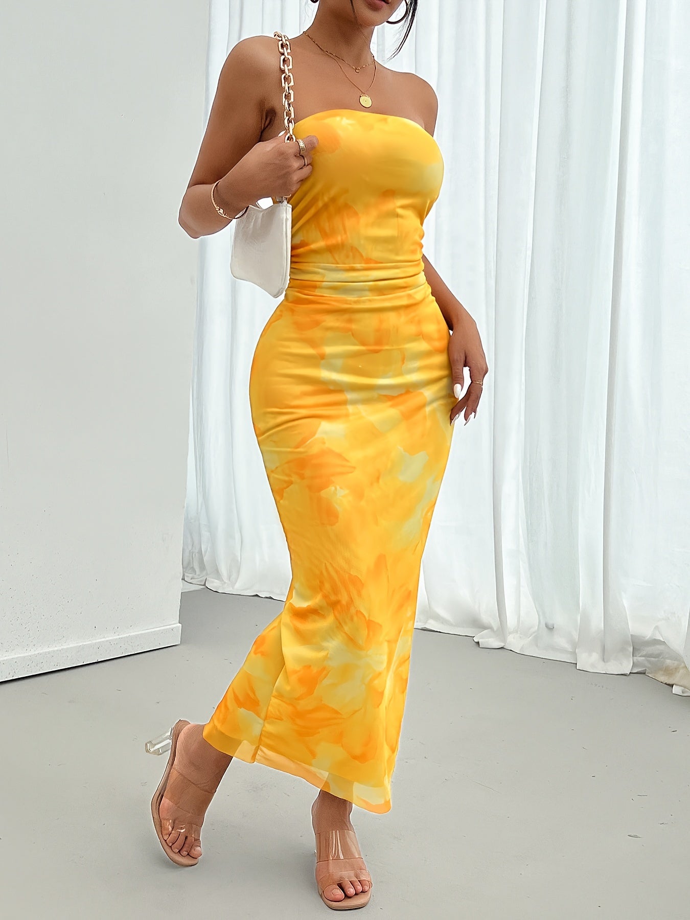 Floral Print Off Shoulder Bodycon Tube Dress, Elegant Backless Split Maxi Dress, Women's Clothing For Party Dressing