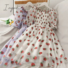 Ingvn - Strawberry Dress Women French Style Lace Chiffon Sweet Dress Casual Puff Sleeve Elegant Printed Kawaii Dress Women New