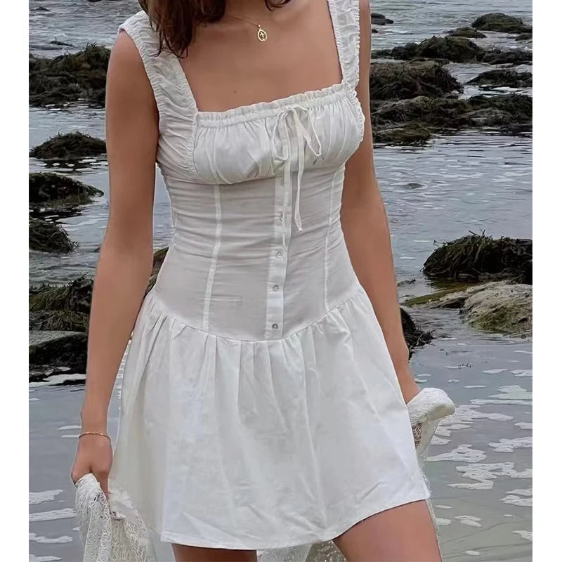 Summer Women Sexy  Ruched Chest Corset Style Tank Mini Dress Low Waist Sleeveless Female Holiday Party Robe