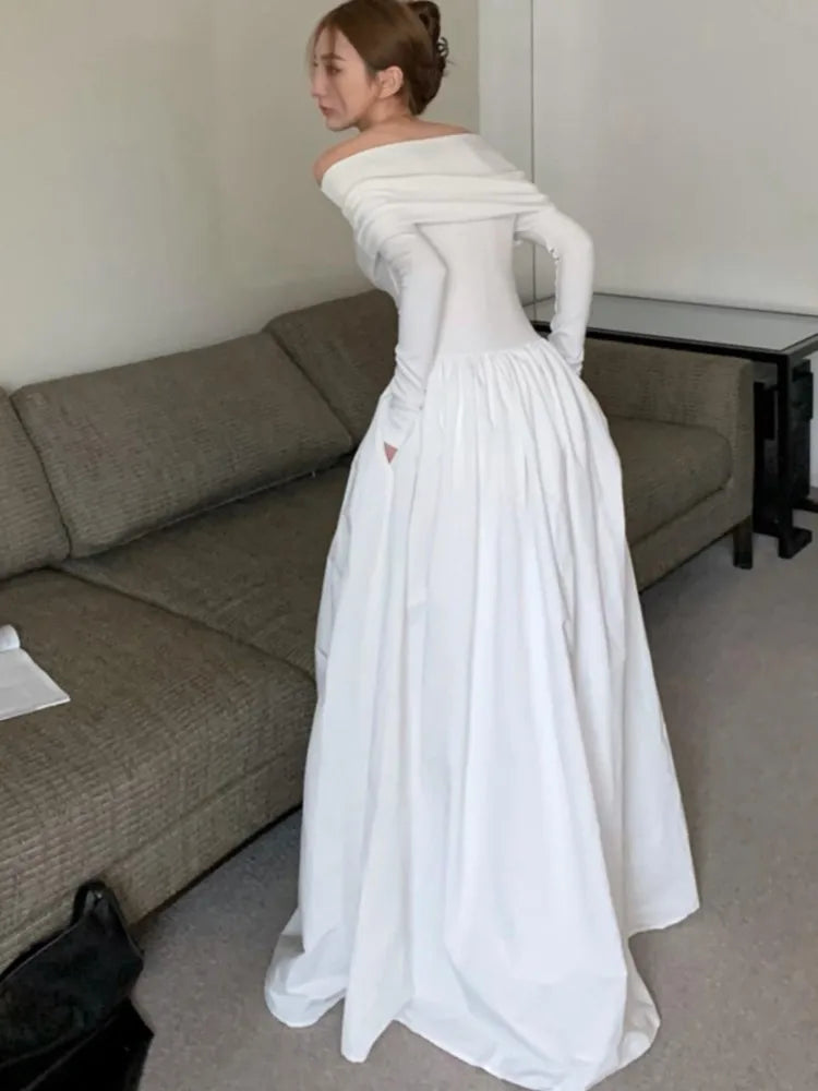 Y2k Fashion Evening Party Maxi White Dress Women Korean Off Shoulder Long Sleeve Birthday Robe Autumn Streetwear Corset Clothes