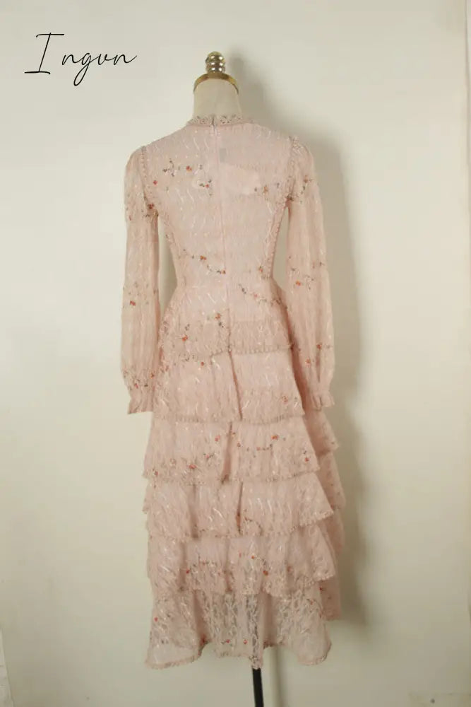 Ingvn - Pink Lace Embroidery Maxi Dress Female spring Winter Full sleeve high waist Ruffle elegant Long party dresses Woman