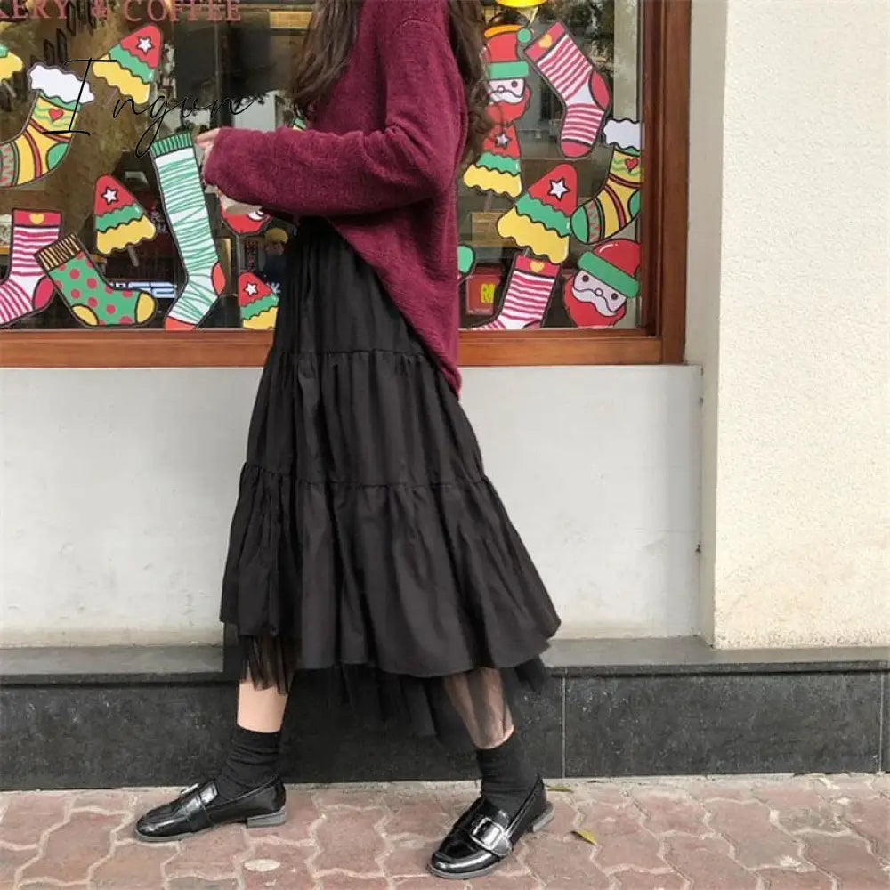 Ingvn - Long Tulle Midi Skirts Womens Autumn Elastic High Waist Mesh Tutu Pleated Skirts Female Black White Long Skirt Streetwear