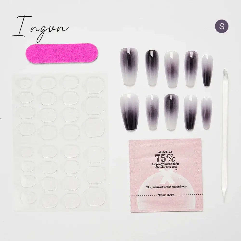 10PCS Chinese Style Fake Nails with Glue Sfumato Ink Long Nails Set Press on Acrylic Stick on False Nails Art