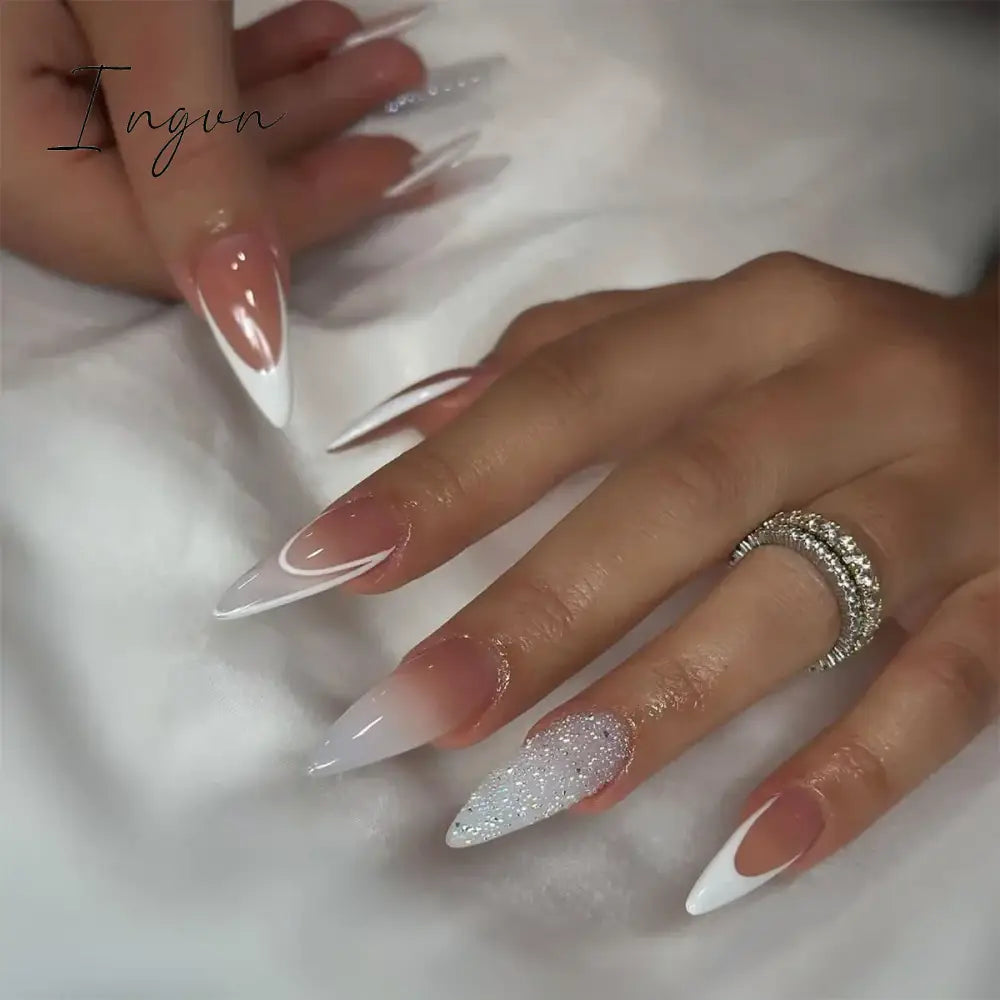 24Pcs 3D Long Almond False Nails Red Nude Ballet Stiletto Wearable Fake Nails MilkTea Color Jelly Full Cover Press On Nail Tips
