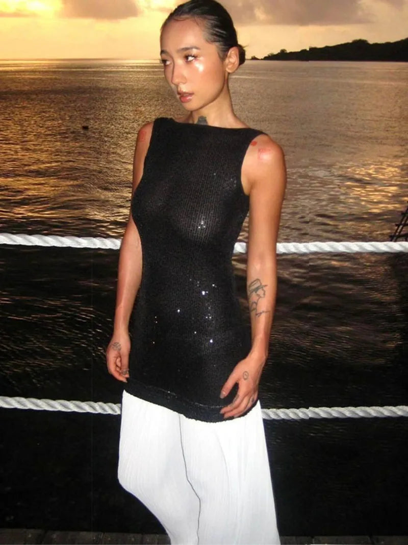 Ingvn  Autumn New in Backless Sequins Patchwork Long Party Dress Women's Sexy O-neck Sleeveless Bodycon Tank Dresses Streetwear