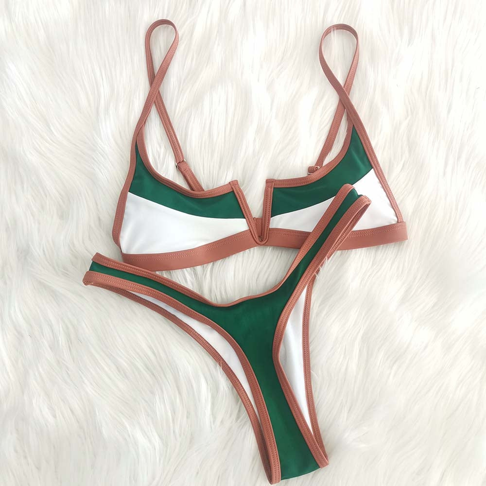 Vintage Retro Bikini Patchwork Swimsuit Thong Brazilian Sexy Swimwear Female  New Summer Micro V-bar Green Bathing Suits