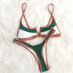 Vintage Retro Bikini Patchwork Swimsuit Thong Brazilian Sexy Swimwear Female  New Summer Micro V-bar Green Bathing Suits