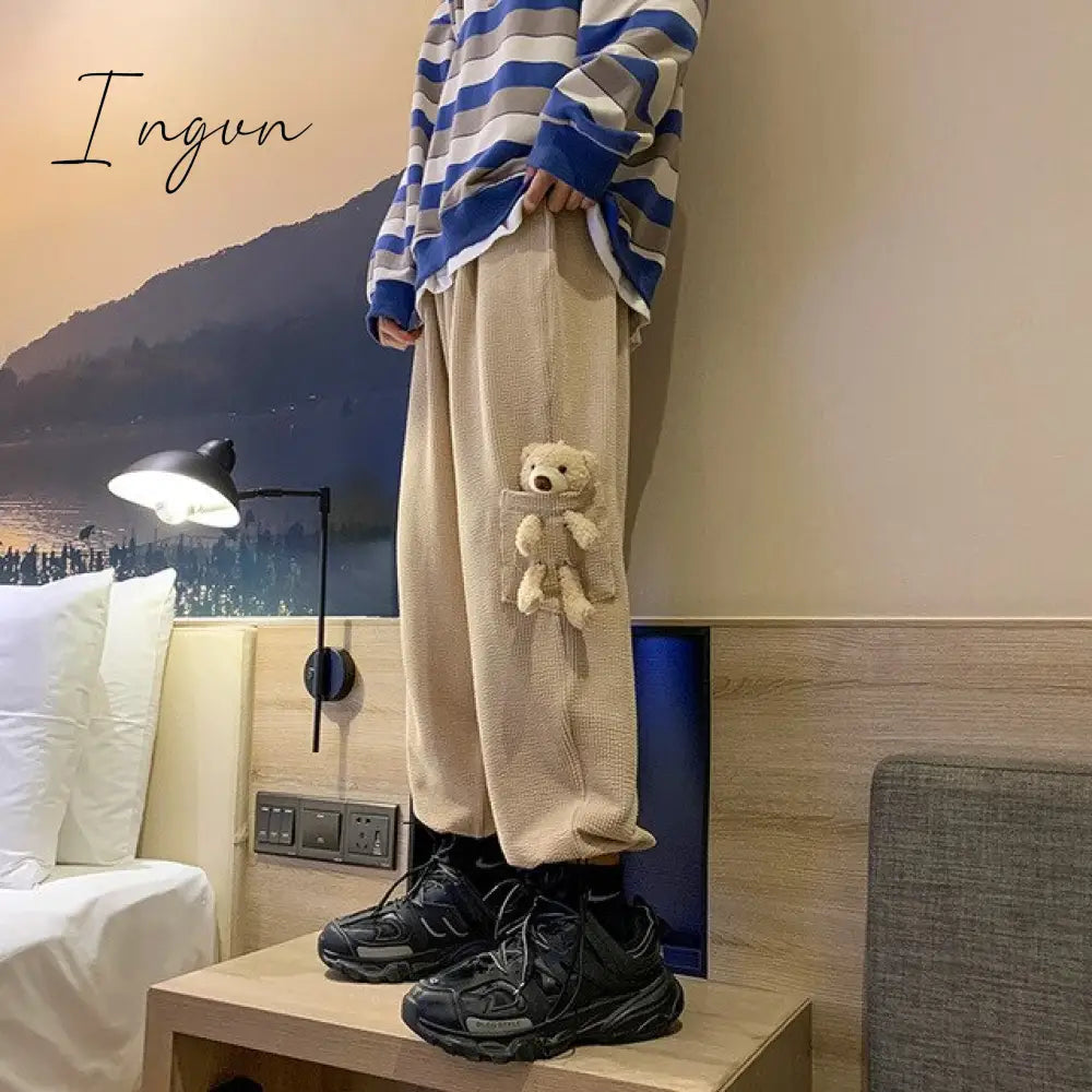 Ingvn - Trendy Loose Corduroy Bear Guard Pants Spring and Autumn Pants Male Ins Hong Kong Wind All-match Casual Pants Street Wear Pants