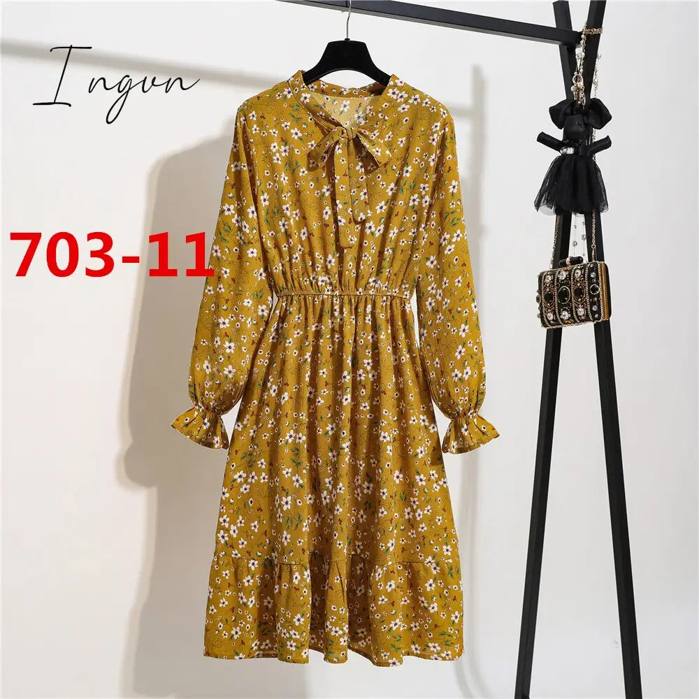 Ingvn - 11 Style Beautiful Fashion Summer Women Long Sleeve Dress Retro Collar Casual High Waist Dresses Floral Print Chiffon Clothing