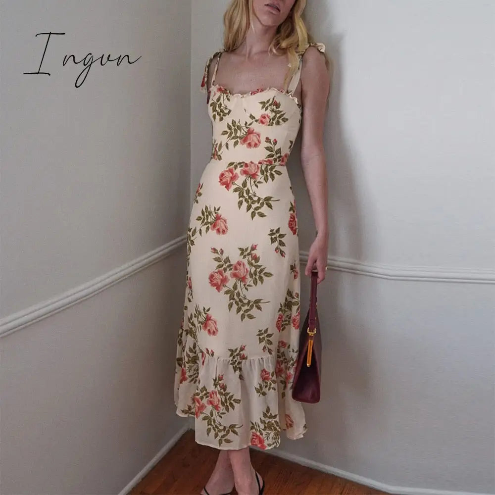 Ingvn - Dresses For Women Elegant Vintage Floral Dress Frill Sweetheart Neck Sleeveless Strap Tie Ruffle Hem Summer Beach Dress